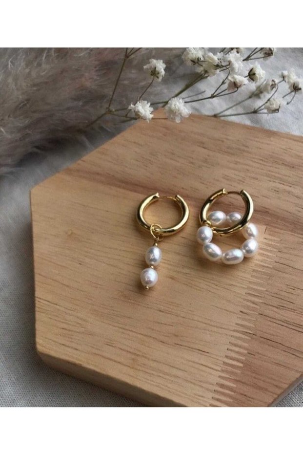 Women's Steel Hoop Natural Real Pearl Earrings