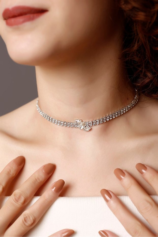 Glam Silver Zircon Stone Choker Necklace, Stylish Stone Choker, Waterway Choker Necklace, Choker, Necklace