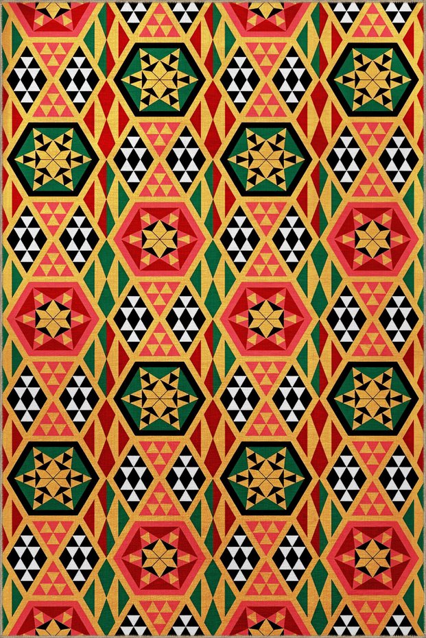 Green Yellow Themed Star Geometric Triangle Shape Patterned Modern Decorative Carpet 2307