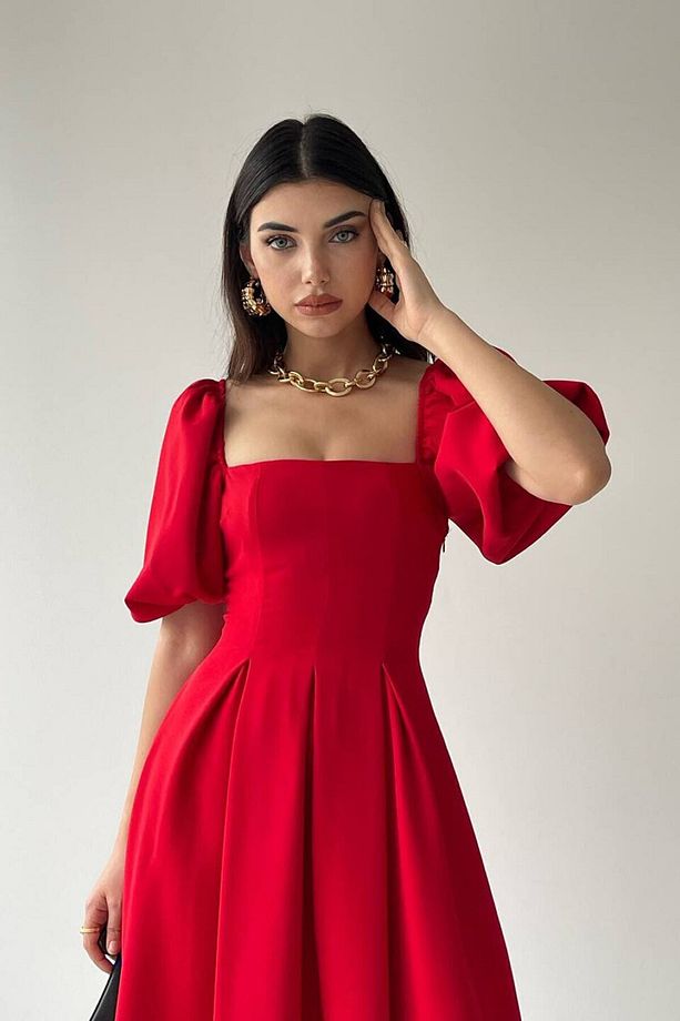 Kadın Kırmızı Kare Yaka Balon Kol Fırfırlı Astarlı Midi Boy Elbise - 3
