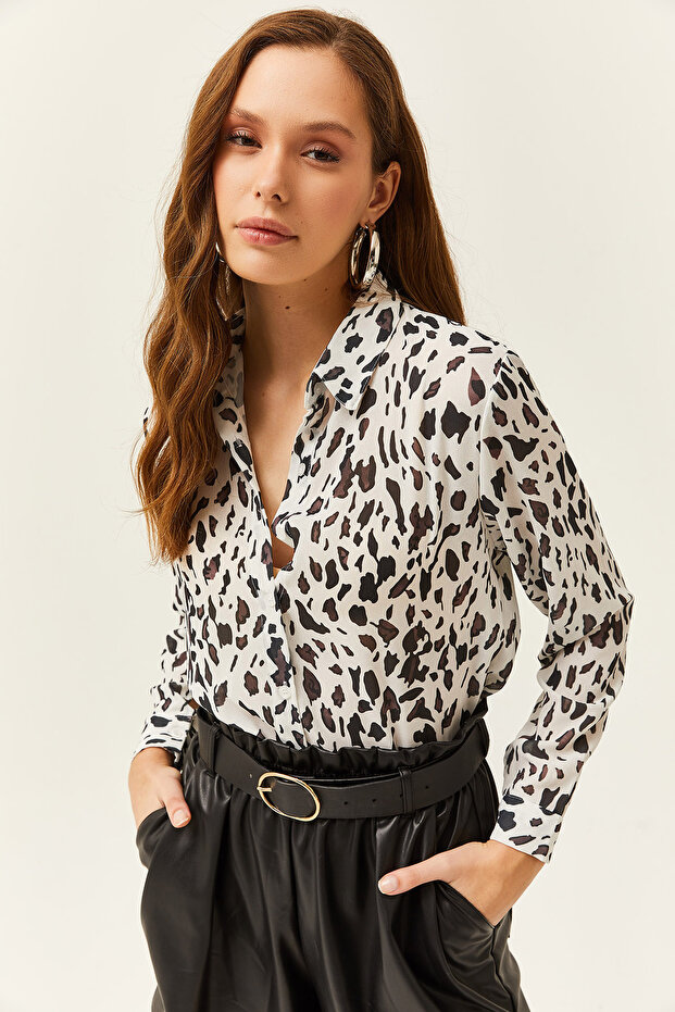 Women's White Black Patterned Woven Shirt GML-19001166