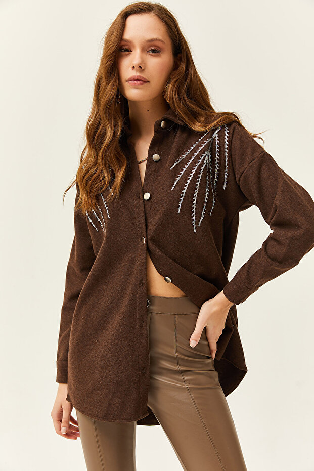Kadın Yaprak Acı Kahve Pul Payet Detaylı Oversize Kaşe Gömlek GML-19001145 - 2