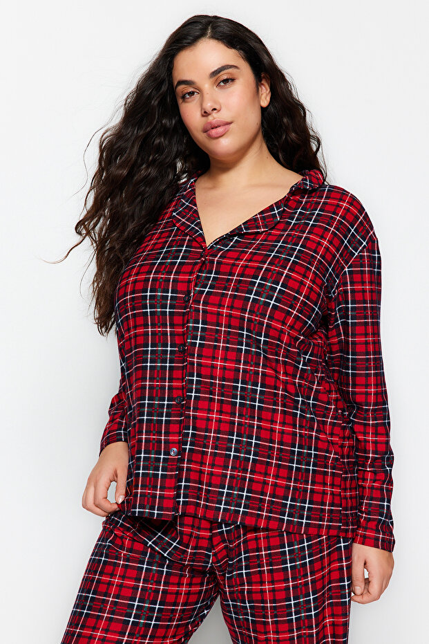 Kırmızı Ekoseli Gömlek Yaka Yumuşak Tuşe Örme Pijama Takımı TBBAW24AI00033 - 4