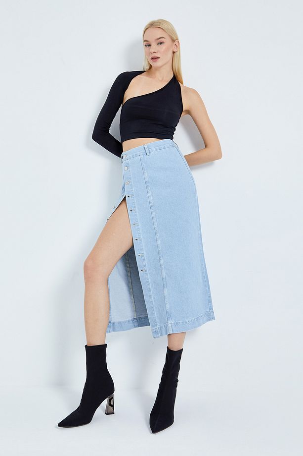 Kadın İce Kot Rengi Önü Düğmeli Maxi Boy Denim Etek - 7
