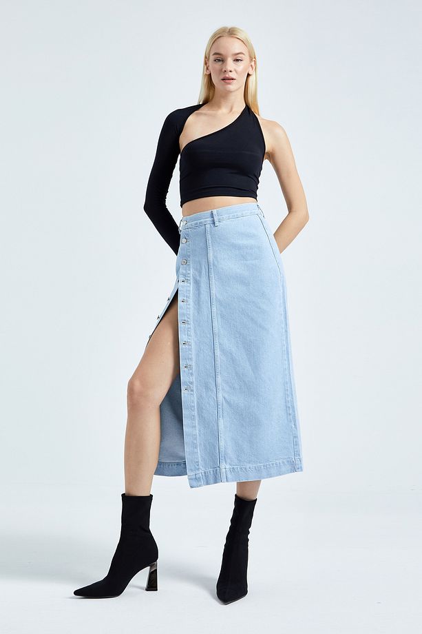 Kadın İce Kot Rengi Önü Düğmeli Maxi Boy Denim Etek - 4