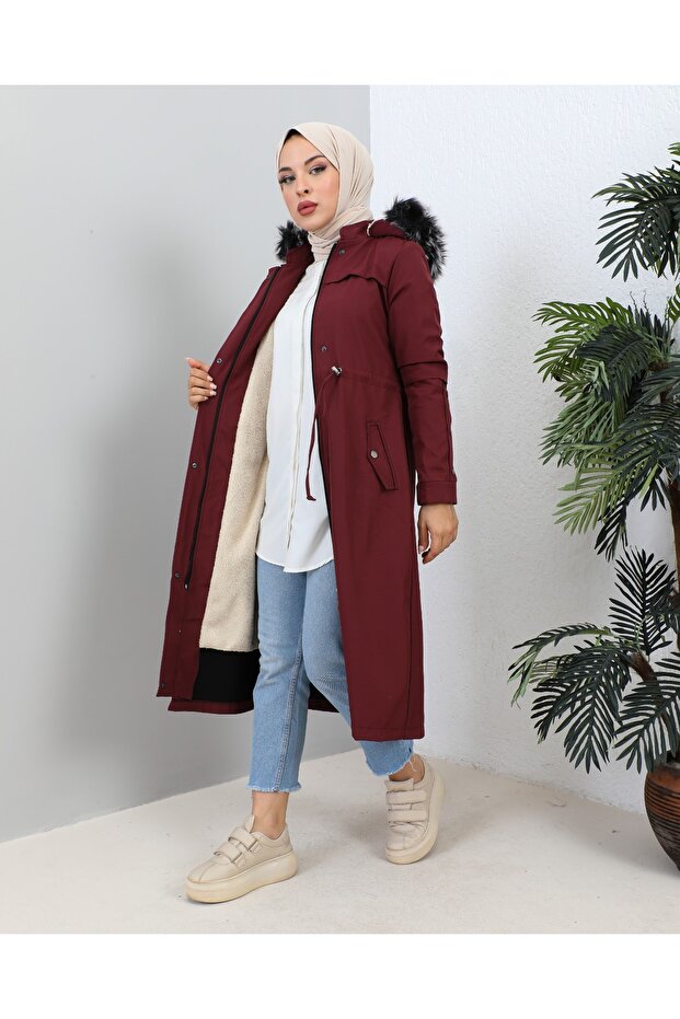 KMKKOMBIN WOMEN'S BONDIT FABRIC SLEEVE STRAPS KNEE BOTTLE COAT WITH FUR INSIDE BATTAL SIZE