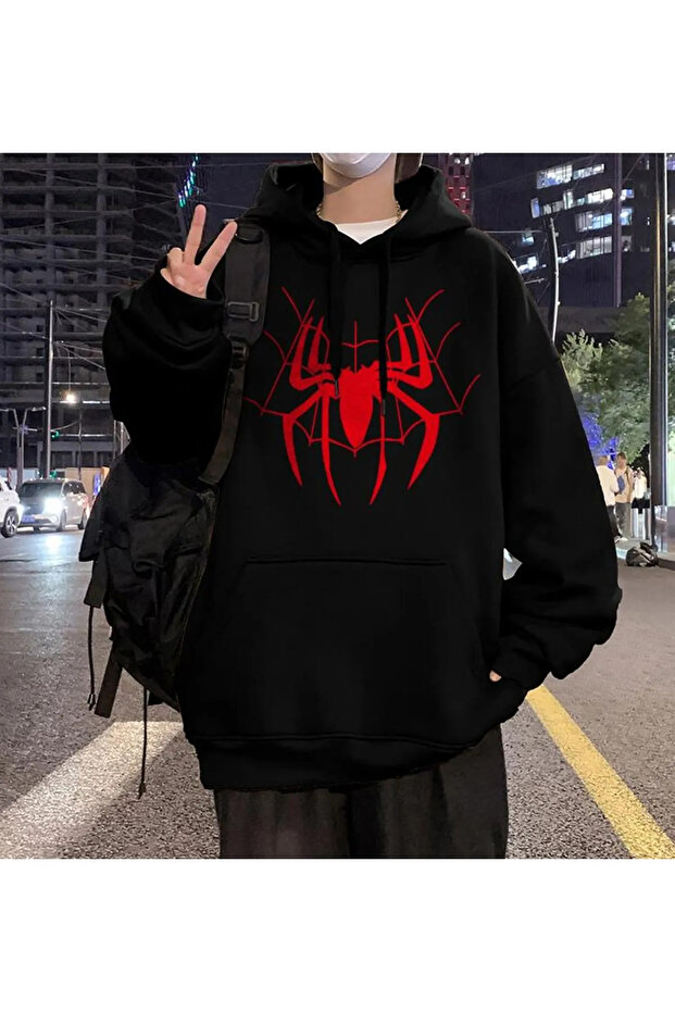 Harajuku Street Red Spider Web Baskılı Siyah Unisex Oversize Sweatshirt - 1