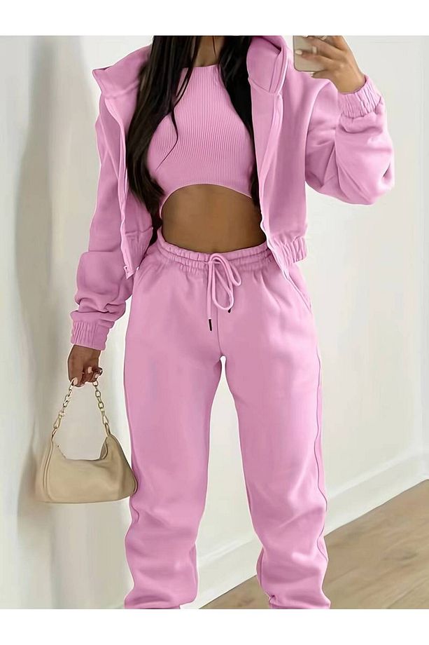 Kadın Good Vibes Baskılı Oversize 3 İplik Hırka Eşofman Takımı - 1