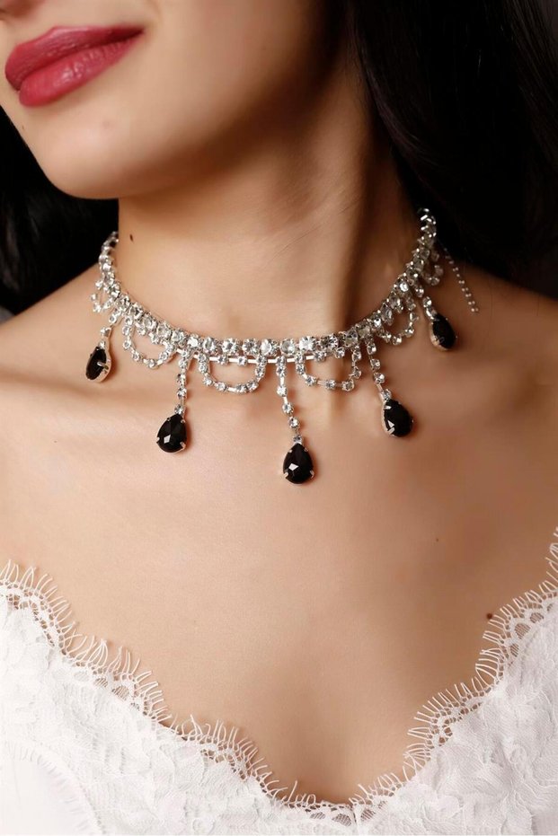 Black Water Drop Crystal Stone Choker - Stone Tassel Bridal Necklace Engagement Necklace Choker