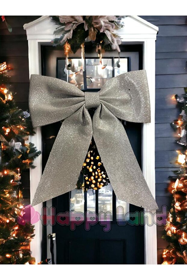 New Year's Silver Door Tableware Tree Ornament Glitter Eva Bow Decor New Year Ornament 30x30 cm Silver