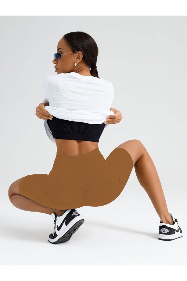 Dublin Model Fitilli Örme Şort Seamless Model Biker Şort Spor Şort Kısa Şort Caramel Renk - 5