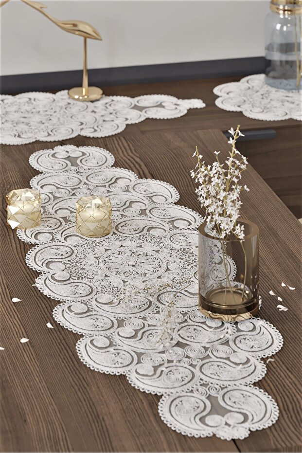Damla Luxury Runner Living Room Coffee Table Tablecloth French Laced Dowry Box Cream