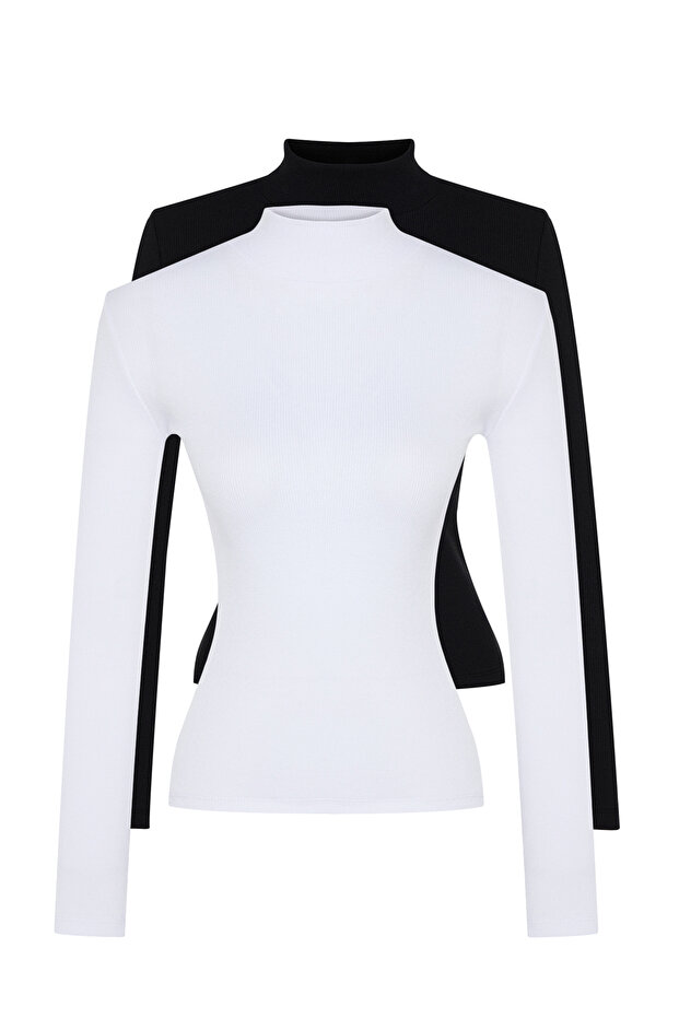 Siyah-Beyaz 2'li Paket Fitilli Dik Yaka Fitted/Vücuda Oturan Uzun Kol Esnek Örme Bluz TWOAW24BZ00257 - 14
