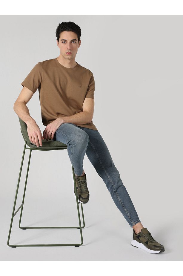 Regular Fit Bisiklet Yaka Basic Kahverengi Erkek Kısa Kol Tişört - 3
