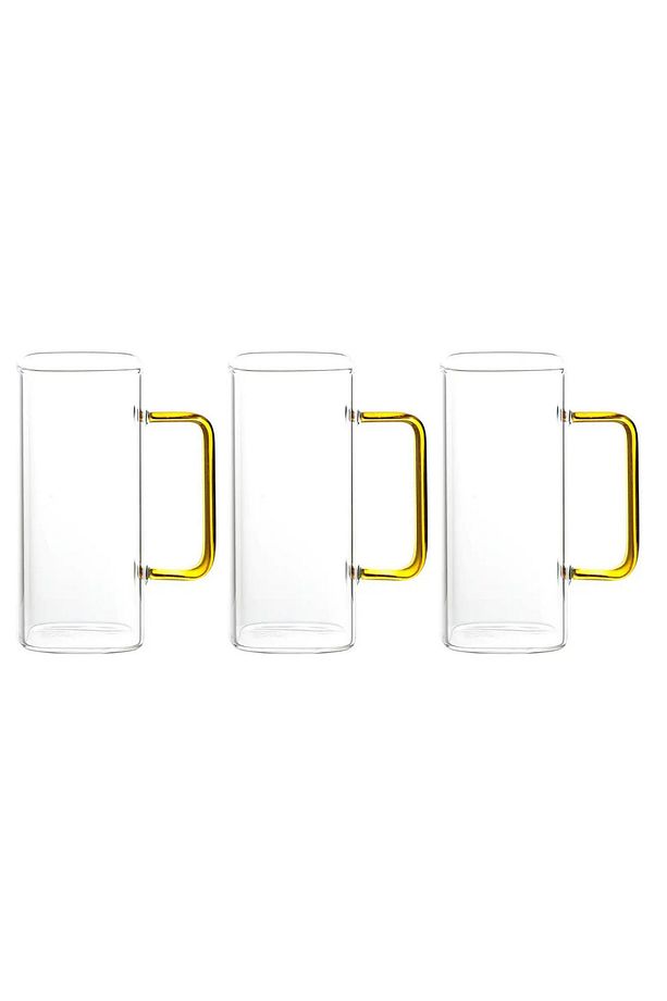 Yeni Nesil Kare Cam Sarı Kulplu Latte,meşrubat,nescafe,süt,su Bardağı 350 ml 3 Adet - 1