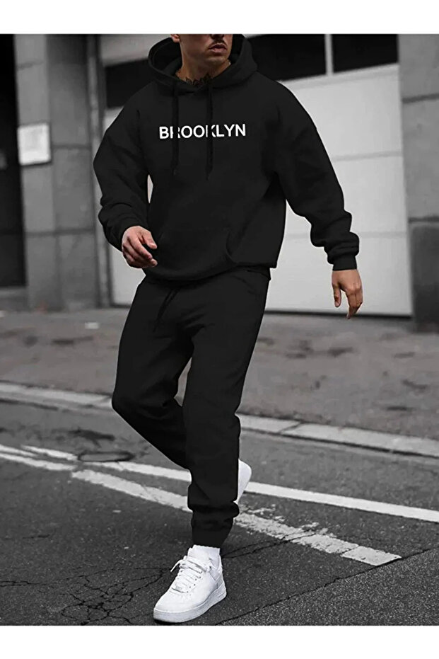 Printed Oversize Unisex Black Tracksuit Set