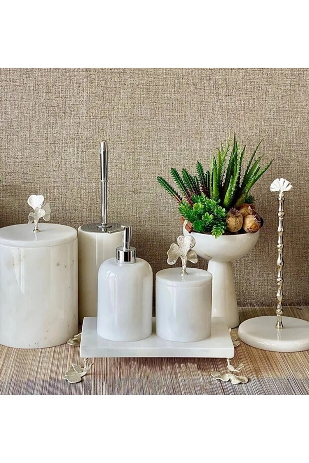 WHITE MARBLE GINKO ACCESSORY DETAIL 7-Piece BATHROOM SET