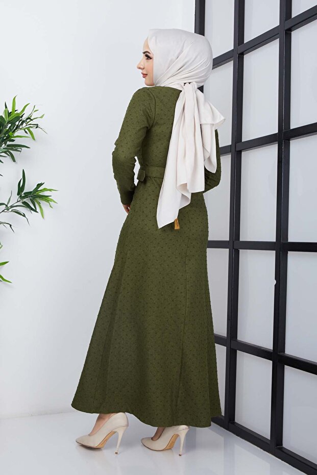 Buğlem Ponpon Kışlık Elbise - Haki - 4