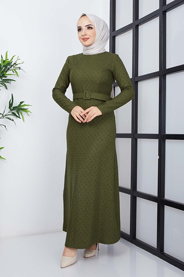 Buğlem Ponpon Kışlık Elbise - Haki - 1