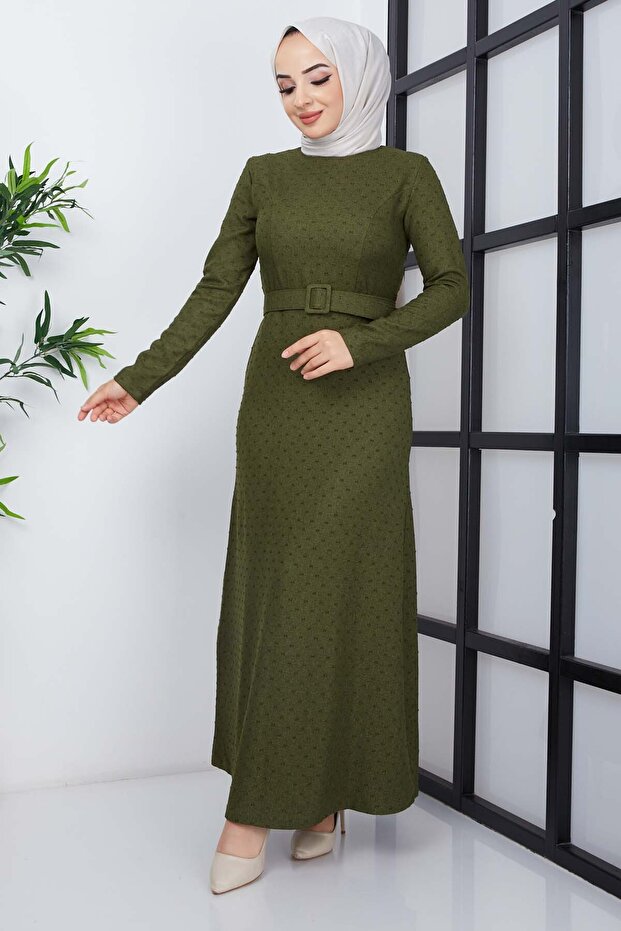 Buğlem Ponpon Kışlık Elbise - Haki - 3