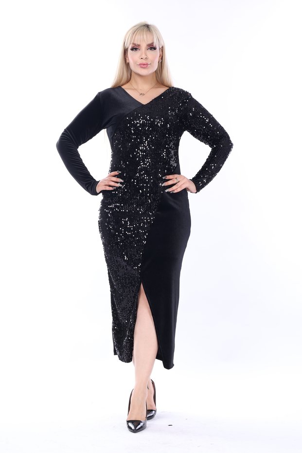 Garnished Sequin Velvet, V-neck Black Dress, Evening Dress