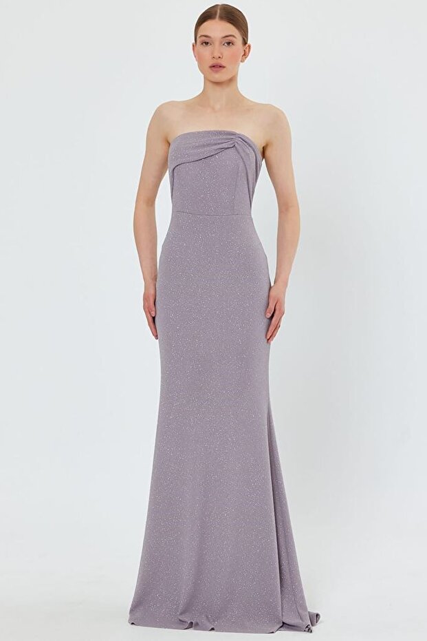 Flexible Sparkly Fabric Anti-Slip Striped Filled Fish Cut Strapless Maxi Gray Evening Dress 9310