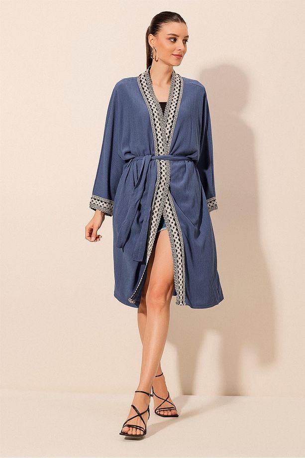 5865 Nakışlı Örme Uzun Kimono - İndigo - 4