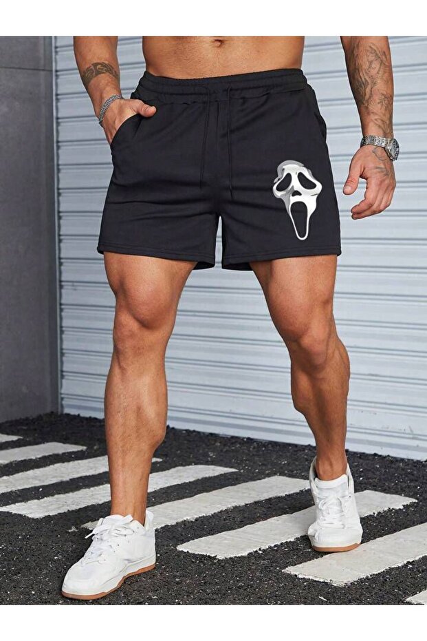 BASKILI Siyah Erkek Regular Fit Cepli Şort - 1