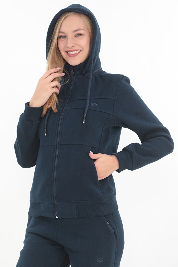 Women's Navy Blue Zippered 3 Thread Ribbed Hooded Set