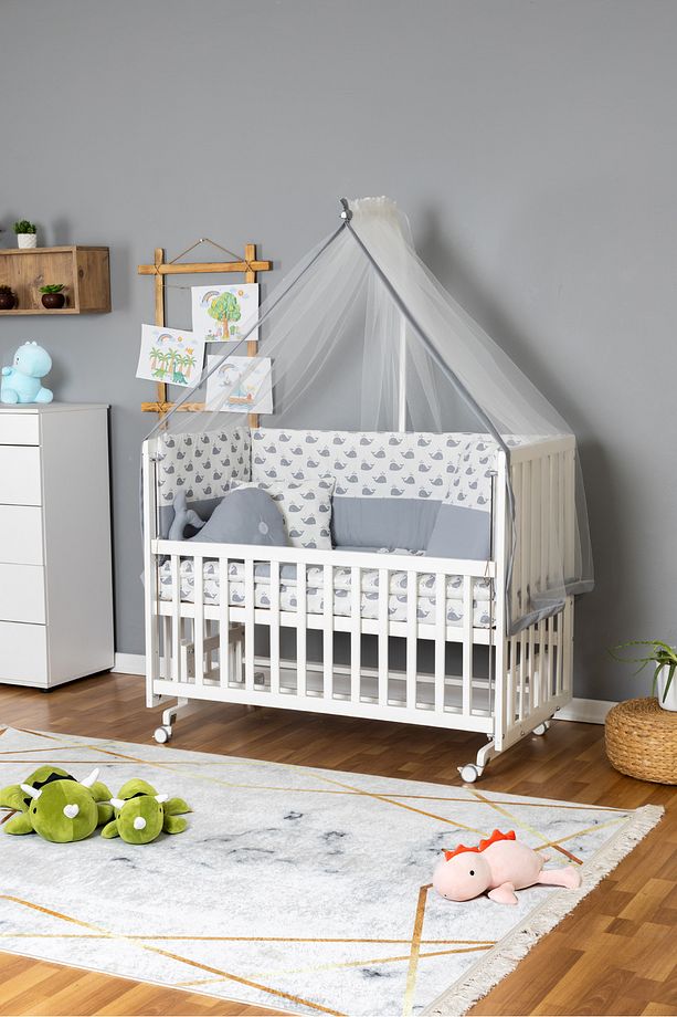 Ahşap Beşik Anne Yanı Beşik Beyaz 60x120 - Gri Balina Uyku Seti + Yataklı + Tekerlekli - 1