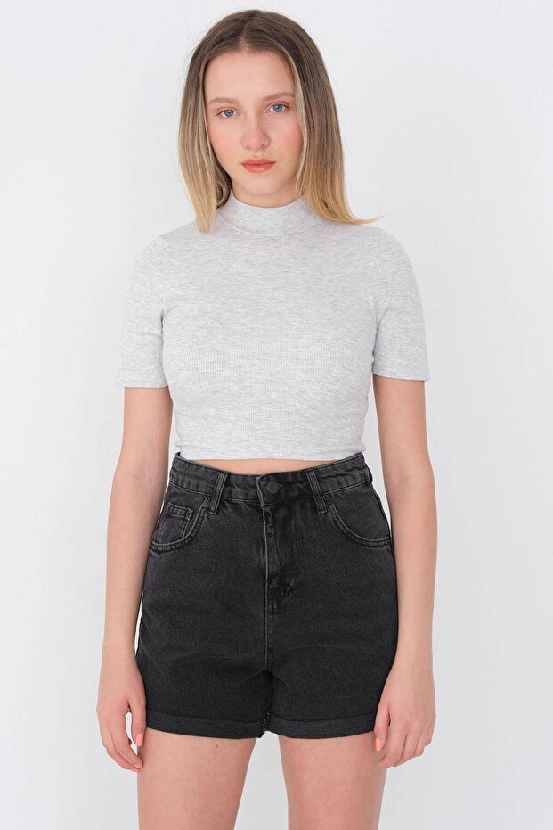 High Collar Short Sleeve Basic Crop Blouse B1096-asn75