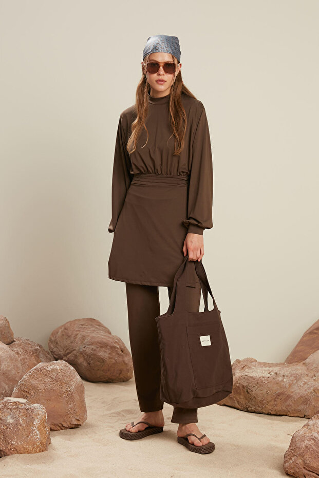 Costum de baie cu mâneci lungi cu balon, maro - 1