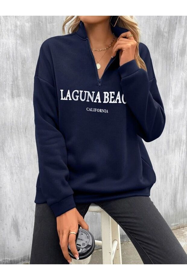 Women's Navy Blue Half Zipper Laguna Beach Printed High Collar Sweatshirt