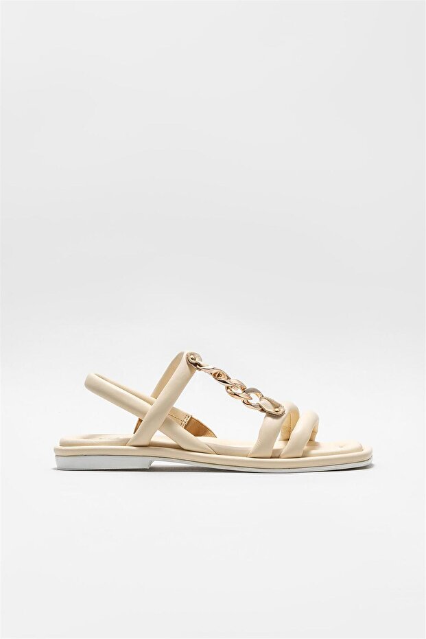 Beige Leather Women's Flat Sandals