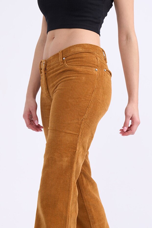 Hardal Flare Paça Fitilli Kadife Pantolon - 4