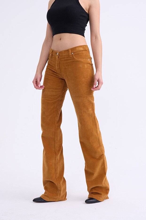 Hardal Flare Paça Fitilli Kadife Pantolon - 2