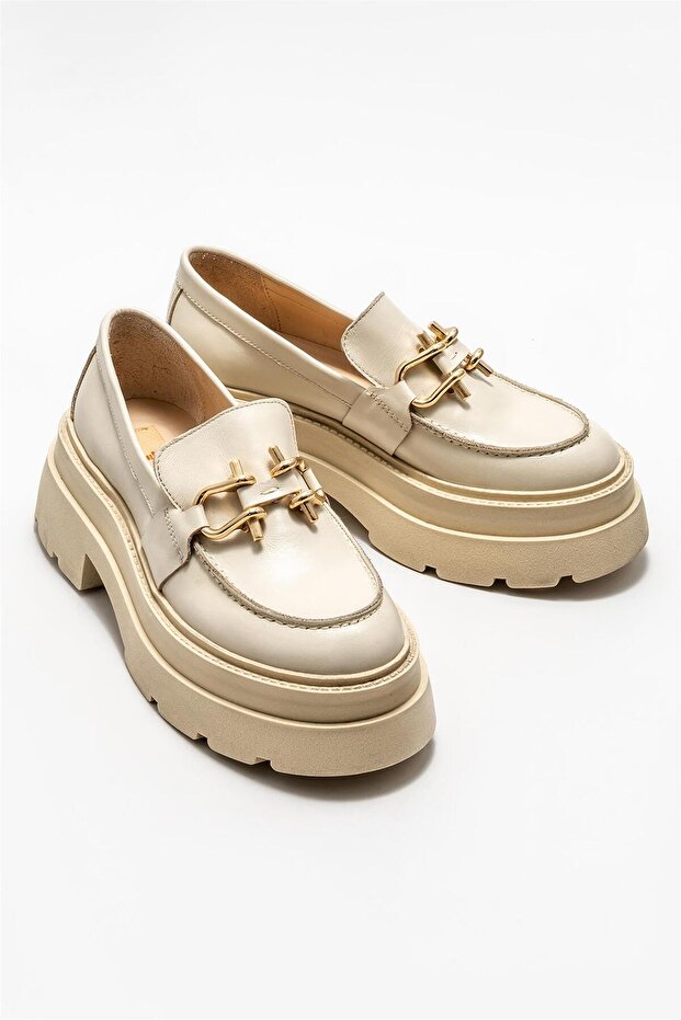 Bej Deri Kadın Loafer - 2