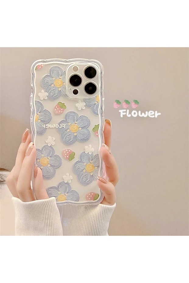 iPhone 14 Promax Blue Flowers Clear Case