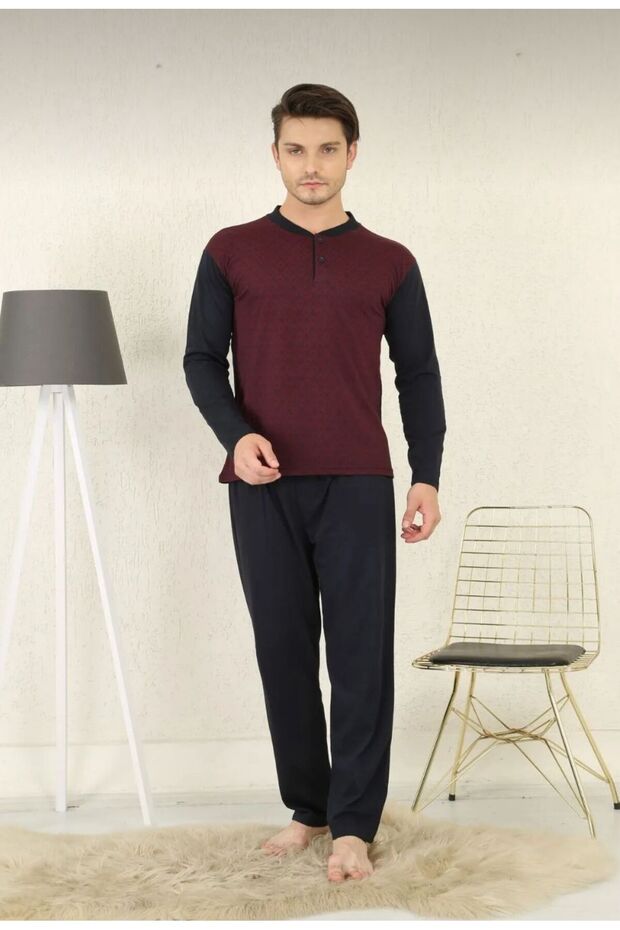 Men's Long Sleeve 100% Cotton Single Jersey Jacquard Men's Pajama Set