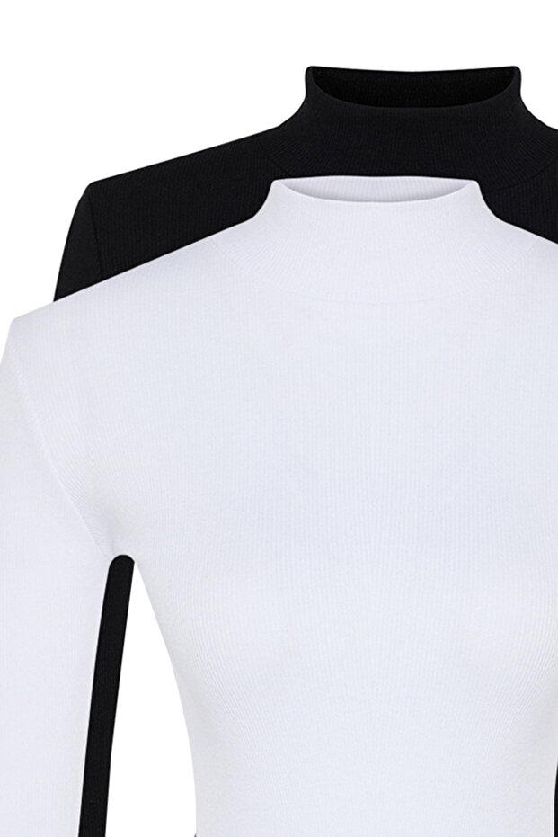 Siyah-Beyaz 2'li Paket Fitilli Dik Yaka Fitted/Vücuda Oturan Uzun Kol Esnek Örme Bluz TWOAW24BZ00257 - 16
