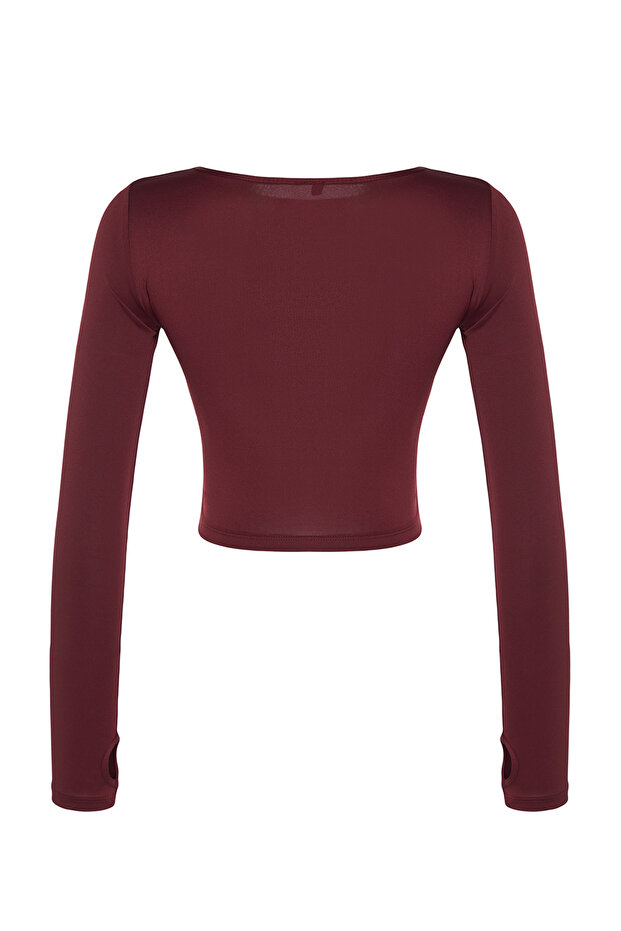Bordo Crop Pencere/Cut Out ve Baş Parmak Delik Detaylı Örme Spor Üst/Bluz TWOAW21BZ0156 - 8