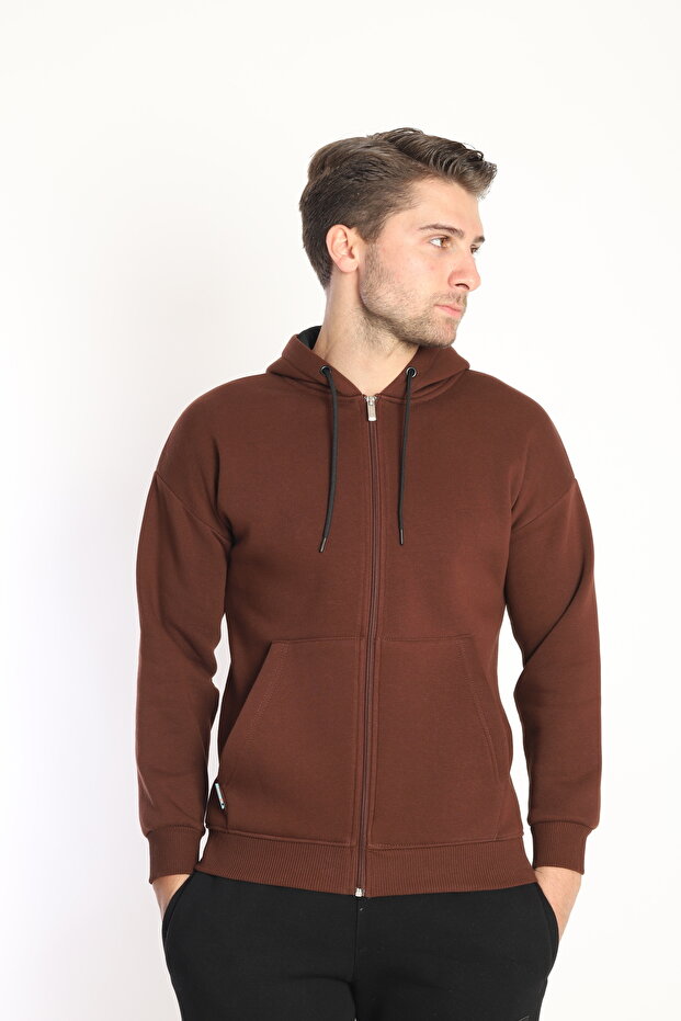 Men's Brown Casual Hooded Zippered Slim Fit Single Top