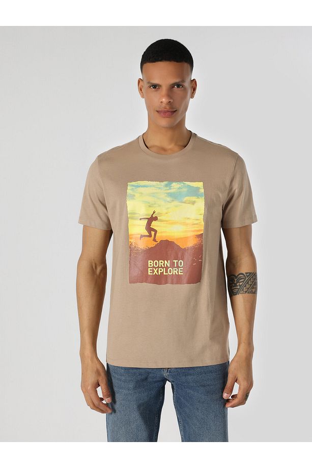 Regular Fit Bisiklet Yaka Baskılı Gri Erkek Kısa Kol Tişört - 4