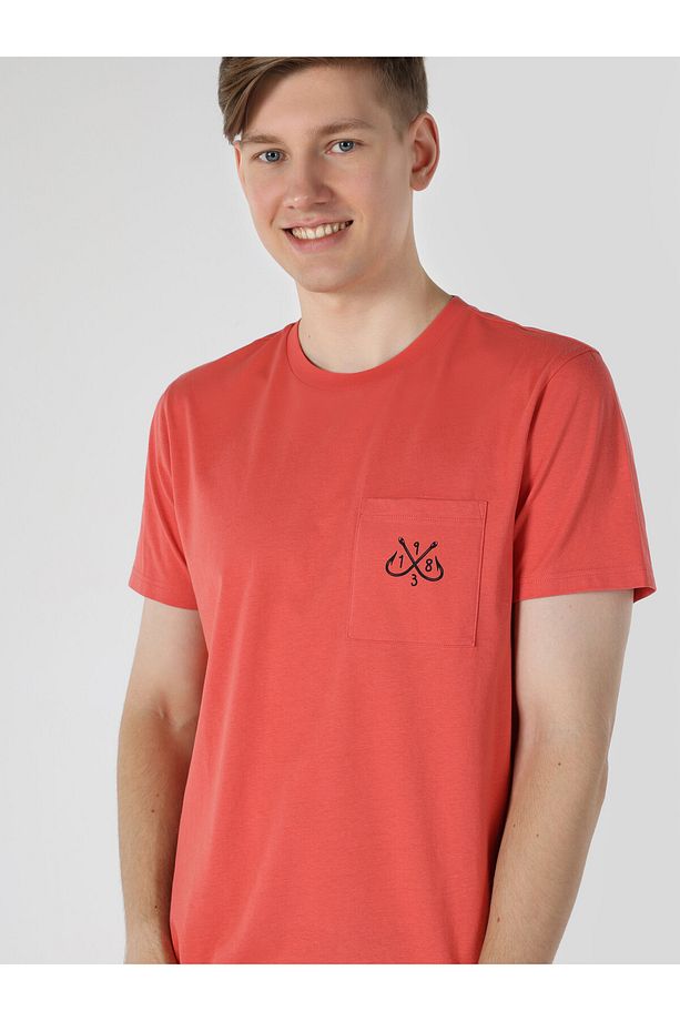 Regular Fit Bisiklet Yaka Baskılı Kırmızı Erkek Kısa Kol Tişört - 5