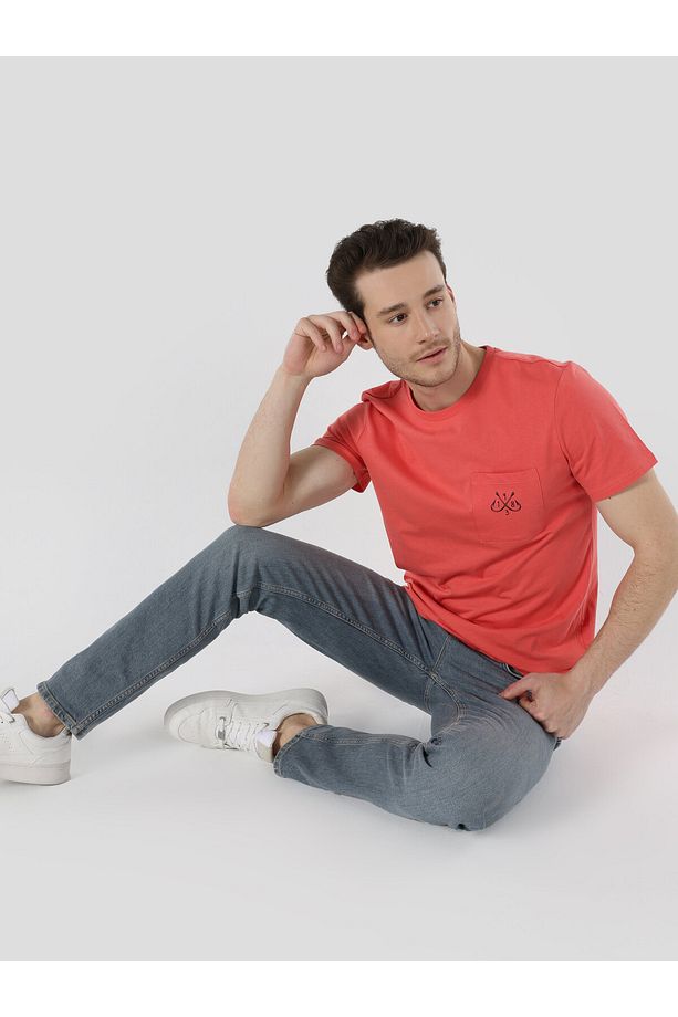 Regular Fit Bisiklet Yaka Baskılı Kırmızı Erkek Kısa Kol Tişört - 8