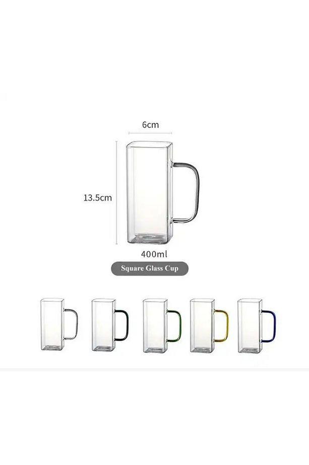 Yeni Nesil Kare Cam Sarı Kulplu Latte,meşrubat,nescafe,süt,su Bardağı 350 ml 3 Adet - 6