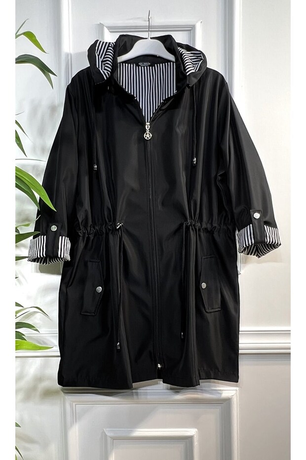 Plus Size Nisa Detachable Hooded Striped Short Trench - Black