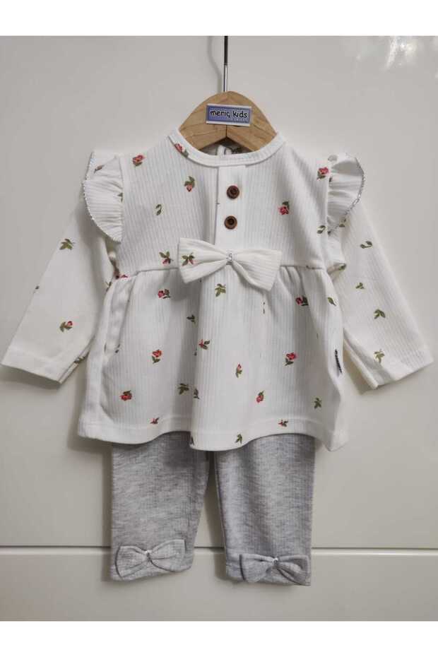 100% Cotton Baby Girl Corded Flower Patterned Bow Detailed Bottom Top Pajama Set