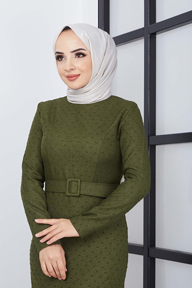 Buğlem Ponpon Kışlık Elbise - Haki - 5