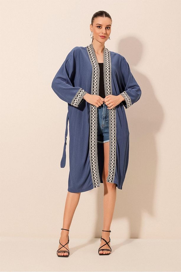 5865 Nakışlı Örme Uzun Kimono - İndigo - 3